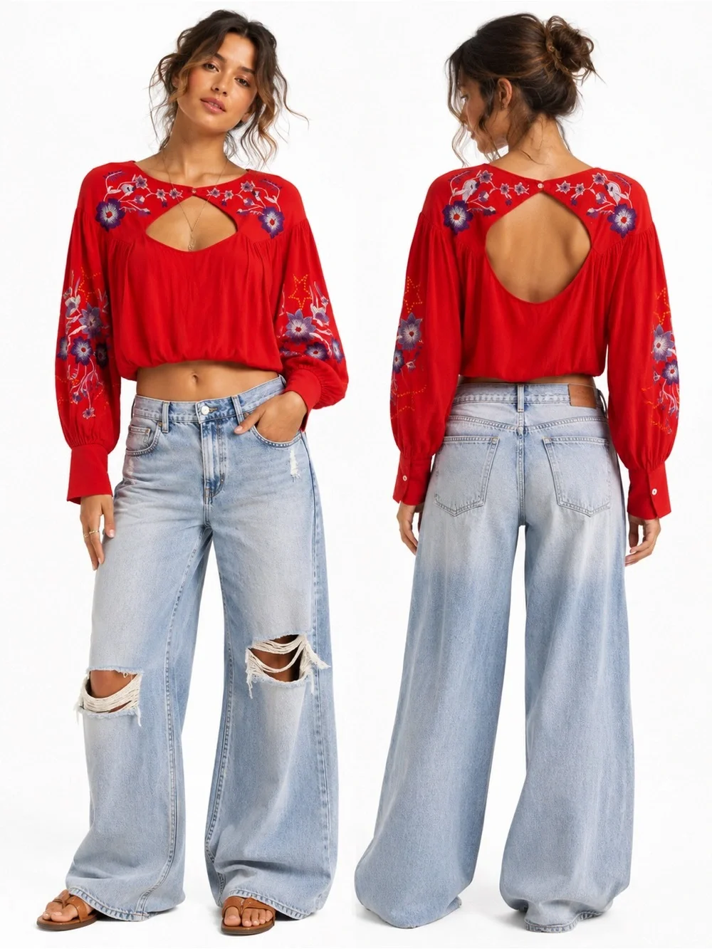 Free People Red Embroidered Open Back Boho Blouse Top XS Statement piece